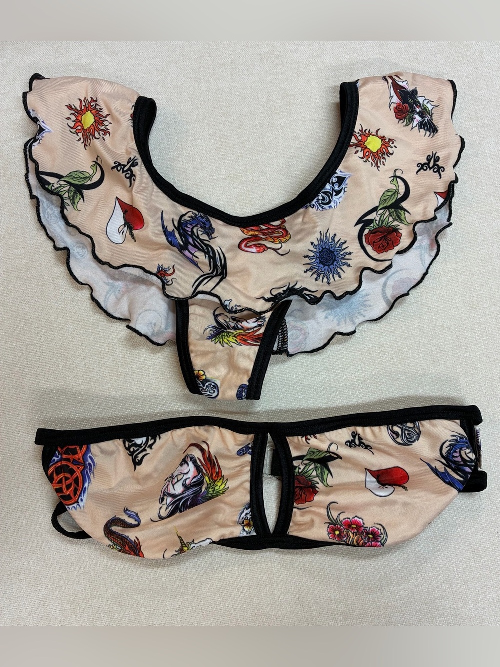 Tattoo Print Ruffle Lingerie Set 
(Says One Size - fits like a small)